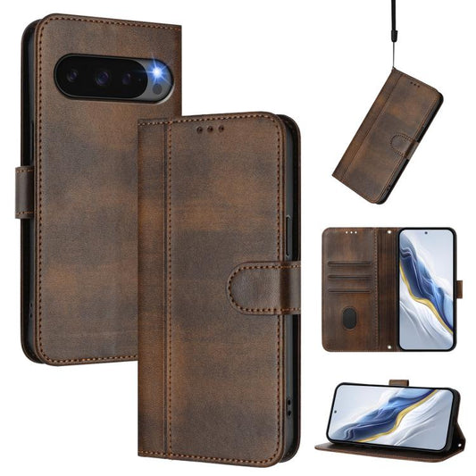 For Google Pixel 10 / 10 Pro / Pixel 9 / 9 Pro Line Splicing Buckle Retro Leather Phone Case(Brown) - Google Cases by buy2fix | Online Shopping UK | buy2fix