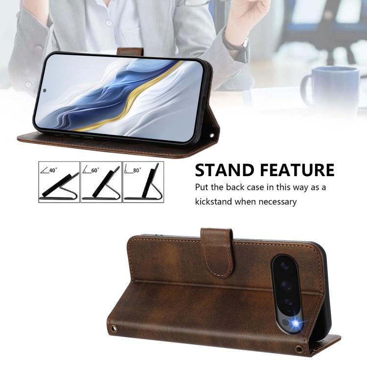 For Google Pixel 10 / 10 Pro / Pixel 9 / 9 Pro Line Splicing Buckle Retro Leather Phone Case(Brown) - Google Cases by buy2fix | Online Shopping UK | buy2fix