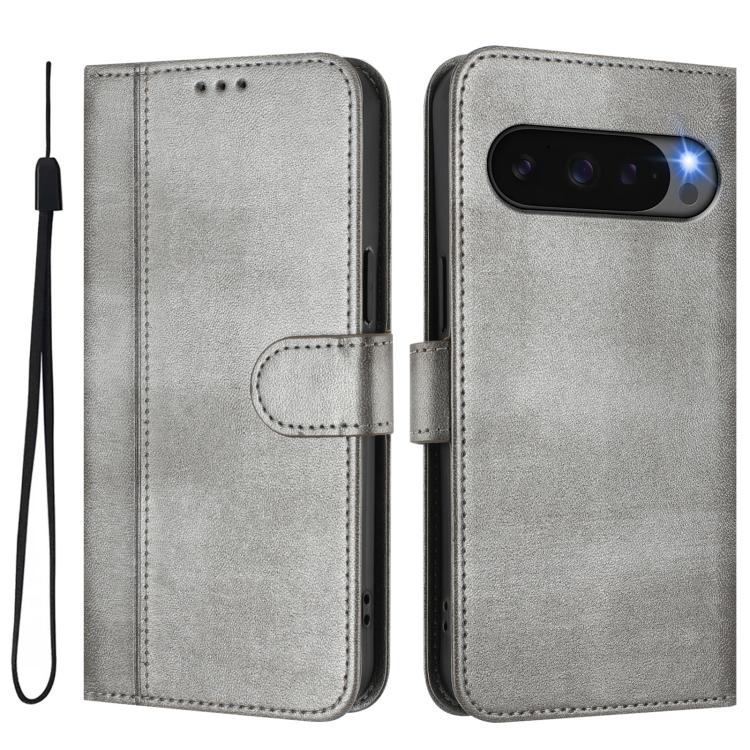 For Google Pixel 9 Pro XL / Pixel 10 Pro XL Line Splicing Buckle Retro Leather Phone Case(Grey) - Google Cases by buy2fix | Online Shopping UK | buy2fix