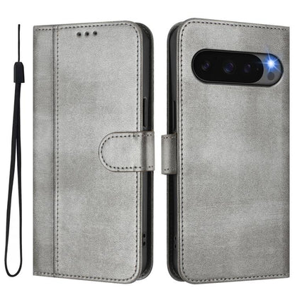 For Google Pixel 9 Pro XL / Pixel 10 Pro XL Line Splicing Buckle Retro Leather Phone Case(Grey) - Google Cases by buy2fix | Online Shopping UK | buy2fix