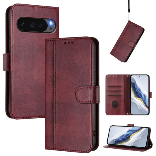 For Google Pixel 9 Pro XL / Pixel 10 Pro XL Line Splicing Buckle Retro Leather Phone Case(Wine Red) - Google Cases by buy2fix | Online Shopping UK | buy2fix