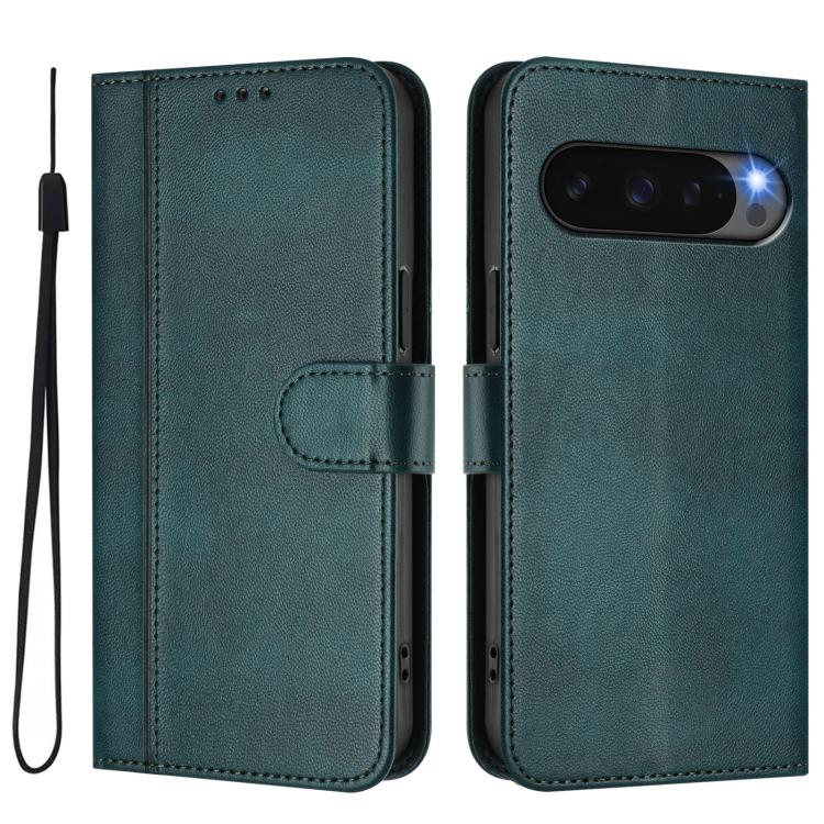 For Google Pixel 9 Pro XL / Pixel 10 Pro XL Line Splicing Buckle Retro Leather Phone Case(Dark Green) - Google Cases by buy2fix | Online Shopping UK | buy2fix