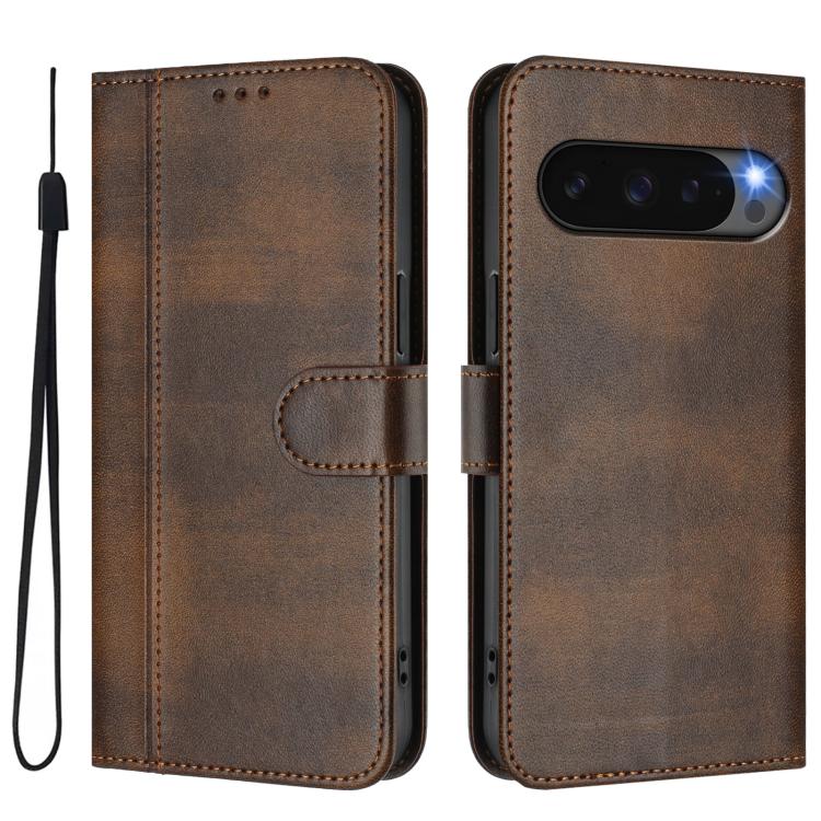 For Google Pixel 9 Pro XL / Pixel 10 Pro XL Line Splicing Buckle Retro Leather Phone Case(Brown) - Google Cases by buy2fix | Online Shopping UK | buy2fix