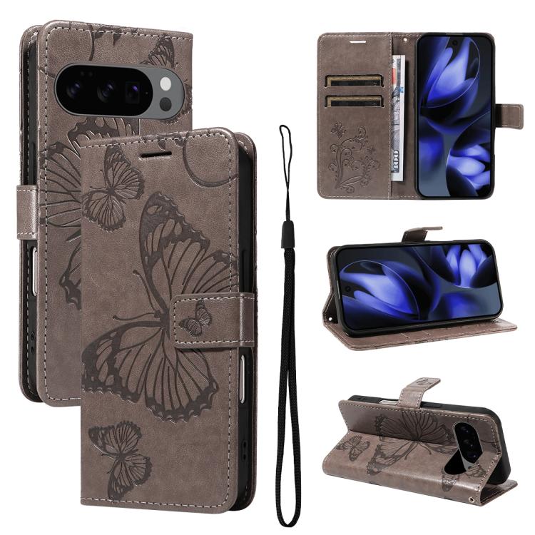 For Google Pixel 10 Global 3D Butterfly Embossed Pattern Flip Leather Phone Case(Grey) - Google Cases by buy2fix | Online Shopping UK | buy2fix