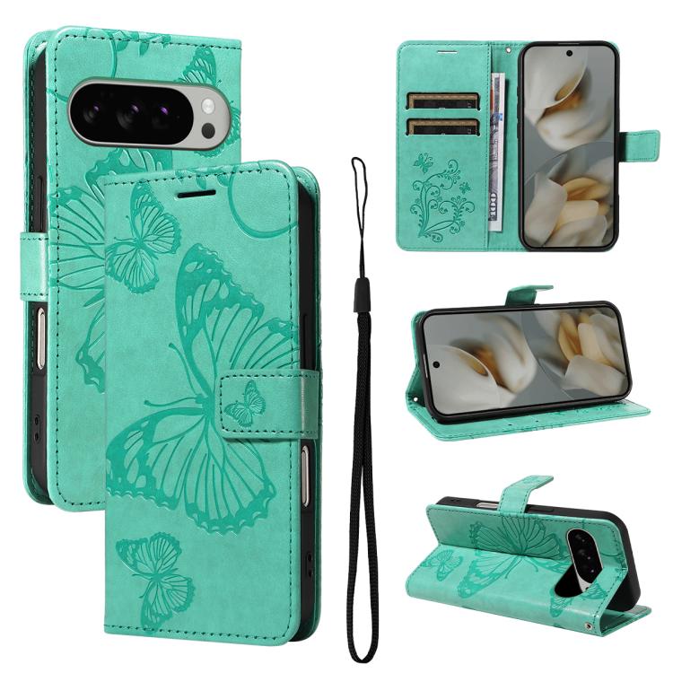 For Google Pixel 10 Pro XL Global 3D Butterfly Embossed Pattern Flip Leather Phone Case(Green) - Google Cases by buy2fix | Online Shopping UK | buy2fix