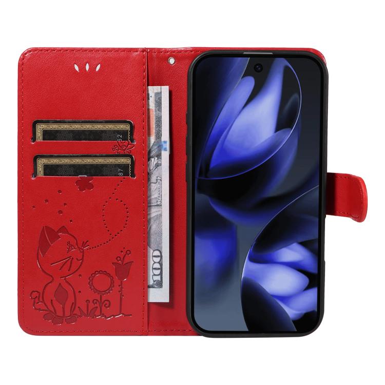 For Google Pixel 10 / 10 Pro Global Cat and Bee Embossed Flip Leather Phone Case(Red) - Google Cases by buy2fix | Online Shopping UK | buy2fix