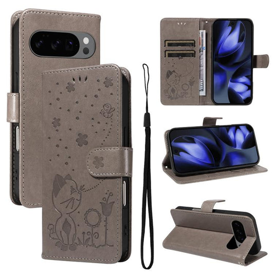 For Google Pixel 10 / 10 Pro Global Cat and Bee Embossed Flip Leather Phone Case(Grey) - Google Cases by buy2fix | Online Shopping UK | buy2fix