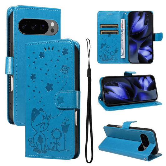 For Google Pixel 10 / 10 Pro Global Cat and Bee Embossed Flip Leather Phone Case(Blue) - Google Cases by buy2fix | Online Shopping UK | buy2fix
