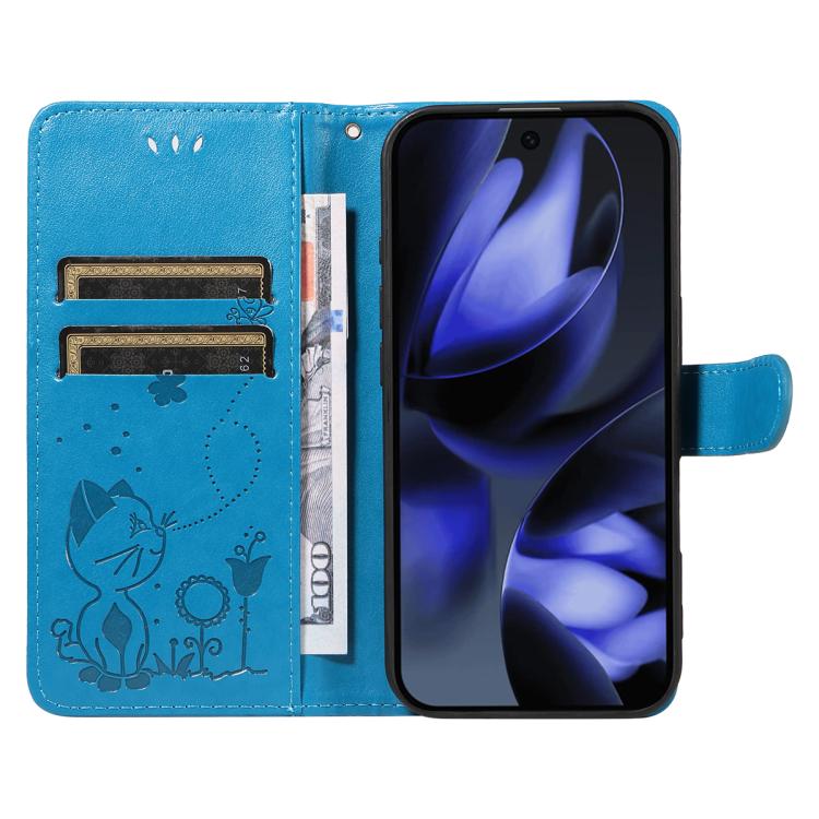 For Google Pixel 10 / 10 Pro Global Cat and Bee Embossed Flip Leather Phone Case(Blue) - Google Cases by buy2fix | Online Shopping UK | buy2fix