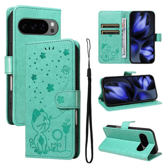 For Google Pixel 10 / 10 Pro Global Cat and Bee Embossed Flip Leather Phone Case(Green) - Google Cases by buy2fix | Online Shopping UK | buy2fix