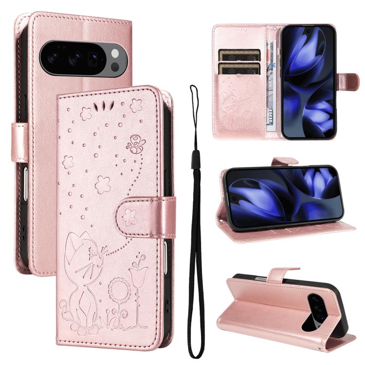 For Google Pixel 10 / 10 Pro Global Cat and Bee Embossed Flip Leather Phone Case(Rose Gold) - Google Cases by buy2fix | Online Shopping UK | buy2fix