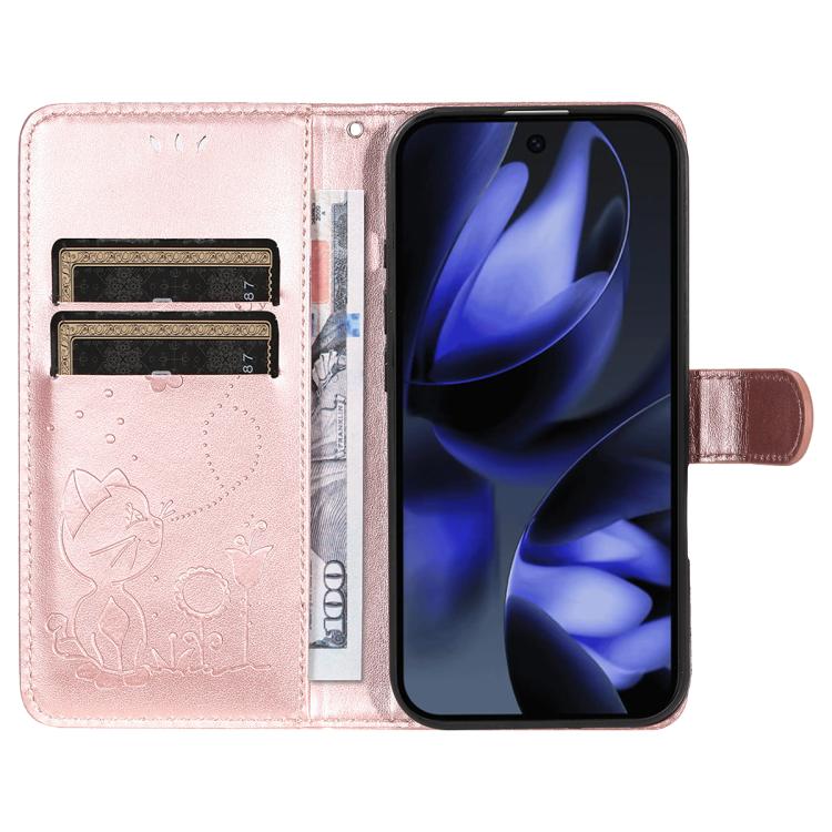 For Google Pixel 10 / 10 Pro Global Cat and Bee Embossed Flip Leather Phone Case(Rose Gold) - Google Cases by buy2fix | Online Shopping UK | buy2fix