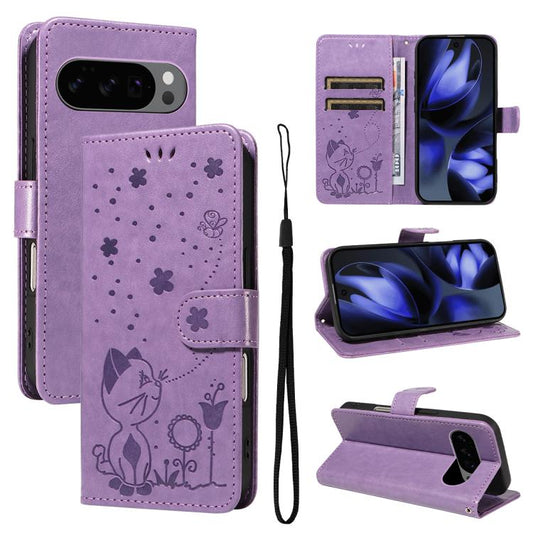 For Google Pixel 10 / 10 Pro Global Cat and Bee Embossed Flip Leather Phone Case(Purple) - Google Cases by buy2fix | Online Shopping UK | buy2fix