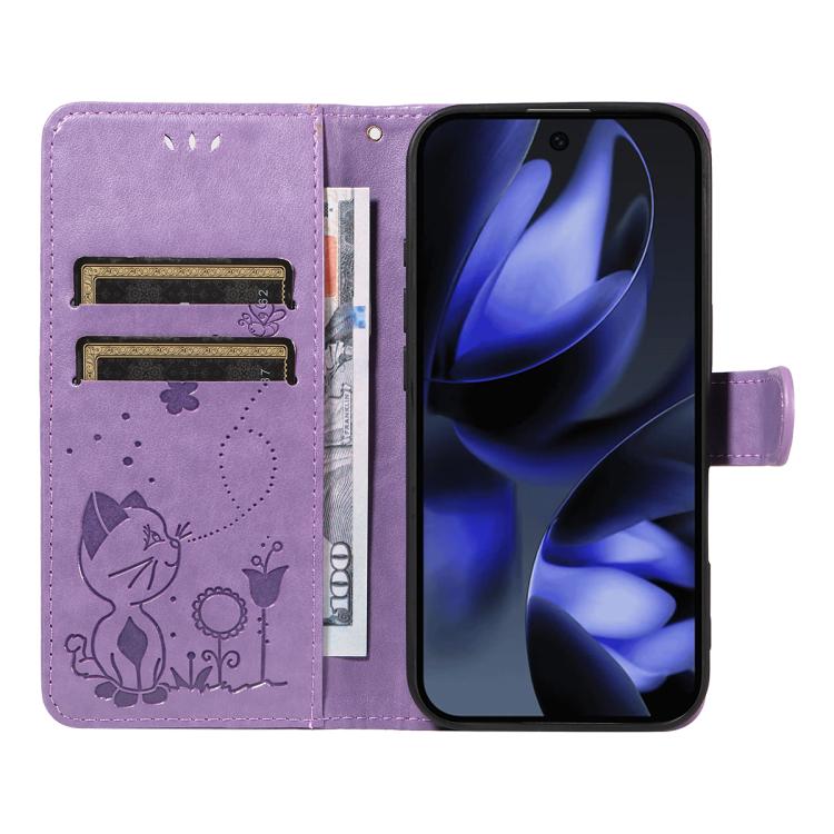 For Google Pixel 10 / 10 Pro Global Cat and Bee Embossed Flip Leather Phone Case(Purple) - Google Cases by buy2fix | Online Shopping UK | buy2fix