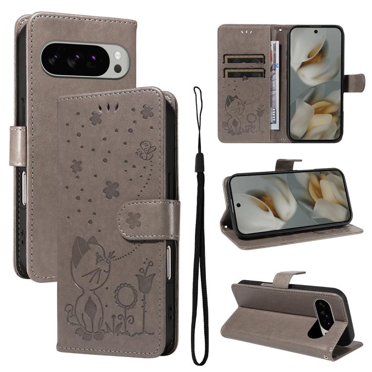 For Google Pixel 10 Pro XL 5G Global Cat and Bee Embossed Flip Leather Phone Case(Grey) - Google Cases by buy2fix | Online Shopping UK | buy2fix