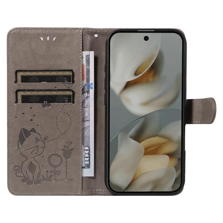 For Google Pixel 10 Pro XL 5G Global Cat and Bee Embossed Flip Leather Phone Case(Grey) - Google Cases by buy2fix | Online Shopping UK | buy2fix