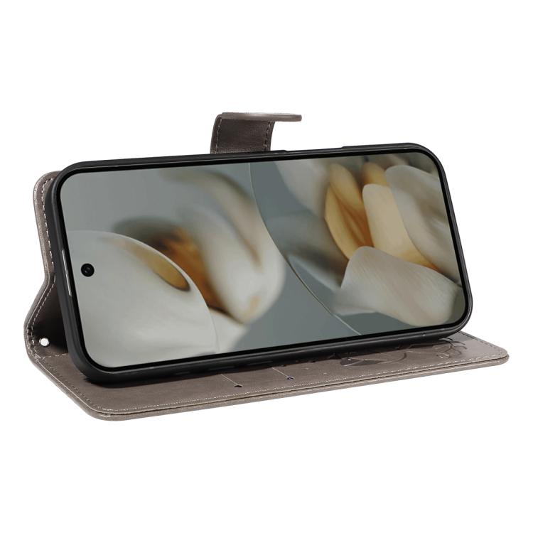 For Google Pixel 10 Pro XL 5G Global Cat and Bee Embossed Flip Leather Phone Case(Grey) - Google Cases by buy2fix | Online Shopping UK | buy2fix