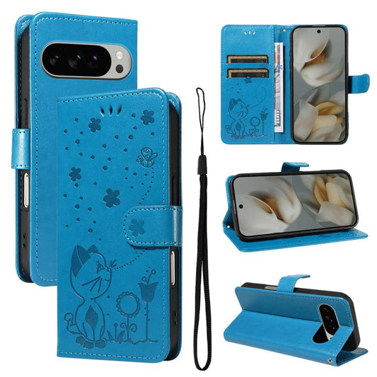 For Google Pixel 10 Pro XL 5G Global Cat and Bee Embossed Flip Leather Phone Case(Blue) - Google Cases by buy2fix | Online Shopping UK | buy2fix