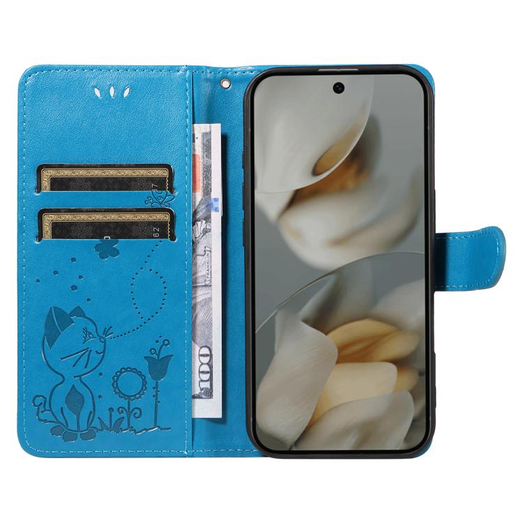 For Google Pixel 10 Pro XL 5G Global Cat and Bee Embossed Flip Leather Phone Case(Blue) - Google Cases by buy2fix | Online Shopping UK | buy2fix