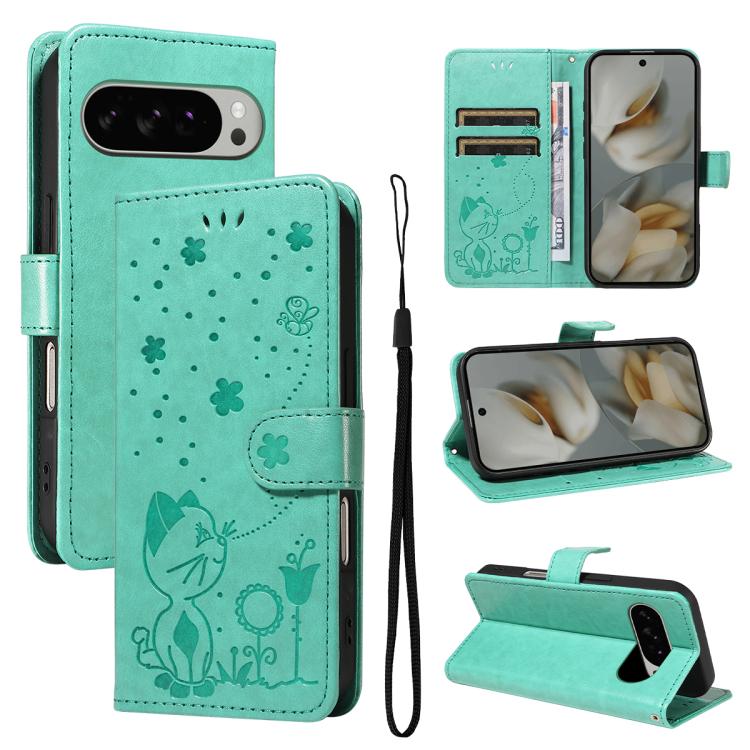 For Google Pixel 10 Pro XL 5G Global Cat and Bee Embossed Flip Leather Phone Case(Green) - Google Cases by buy2fix | Online Shopping UK | buy2fix