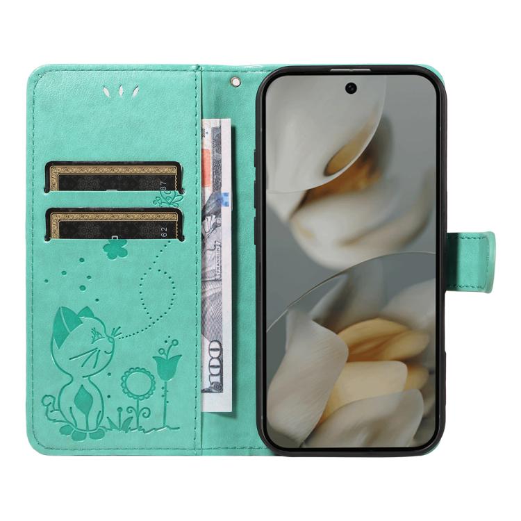 For Google Pixel 10 Pro XL 5G Global Cat and Bee Embossed Flip Leather Phone Case(Green) - Google Cases by buy2fix | Online Shopping UK | buy2fix
