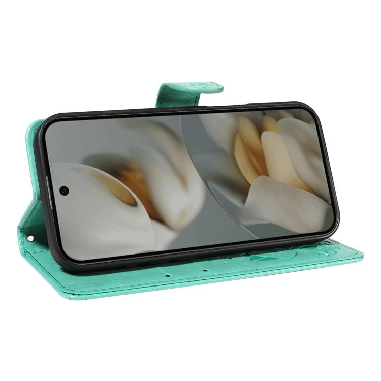 For Google Pixel 10 Pro XL 5G Global Cat and Bee Embossed Flip Leather Phone Case(Green) - Google Cases by buy2fix | Online Shopping UK | buy2fix