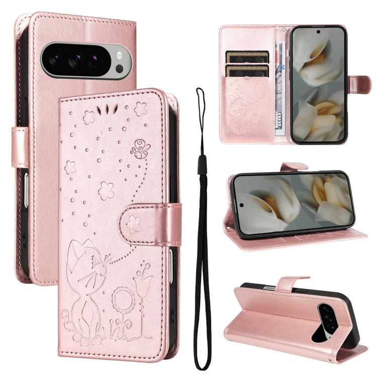For Google Pixel 10 Pro XL 5G Global Cat and Bee Embossed Flip Leather Phone Case(Rose Gold) - Google Cases by buy2fix | Online Shopping UK | buy2fix