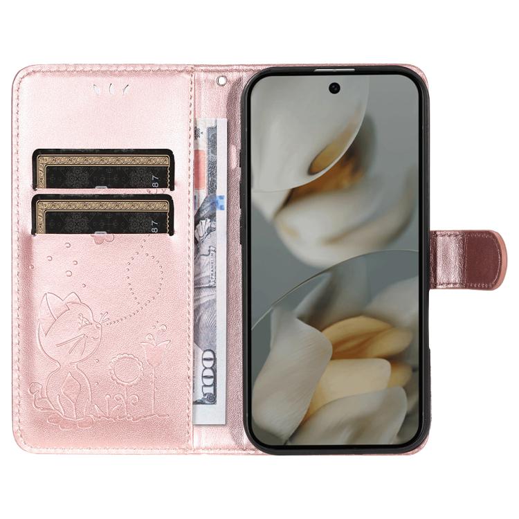 For Google Pixel 10 Pro XL 5G Global Cat and Bee Embossed Flip Leather Phone Case(Rose Gold) - Google Cases by buy2fix | Online Shopping UK | buy2fix