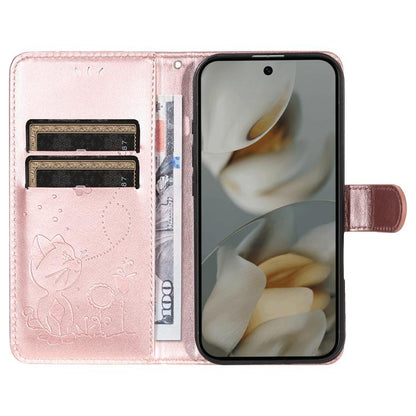 For Google Pixel 10 Pro XL 5G Global Cat and Bee Embossed Flip Leather Phone Case(Rose Gold) - Google Cases by buy2fix | Online Shopping UK | buy2fix
