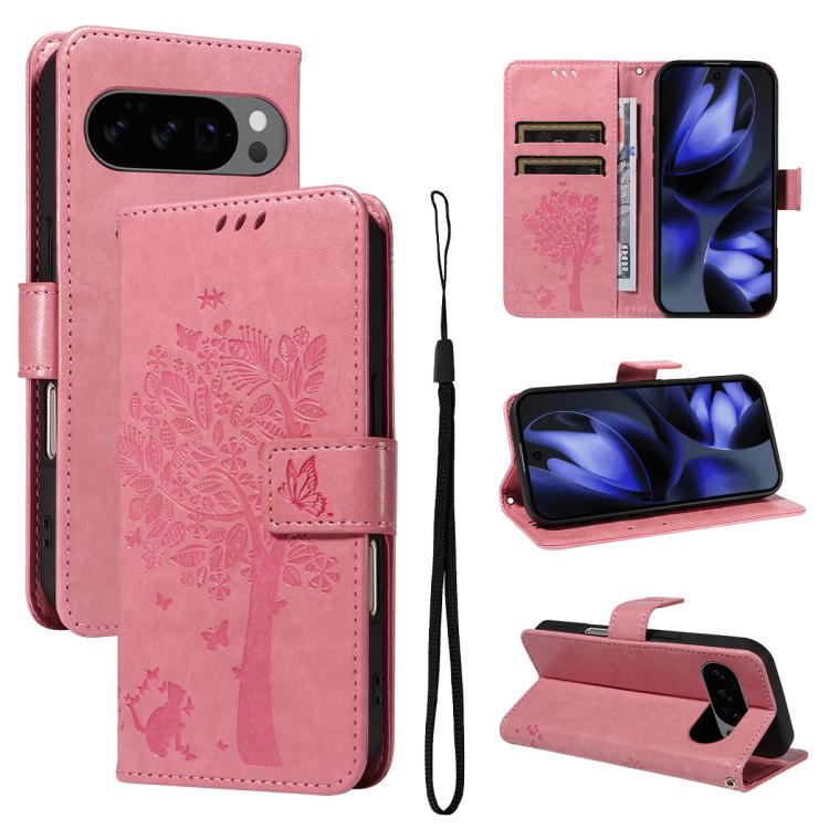 For Google Pixel 10 5G / 10 Pro 5G Global Tree & Cat Embossed Pattern Flip Leather Phone Case(Pink) - Google Cases by buy2fix | Online Shopping UK | buy2fix