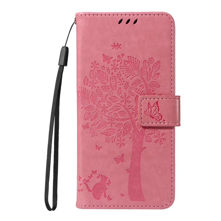 For Google Pixel 10 5G / 10 Pro 5G Global Tree & Cat Embossed Pattern Flip Leather Phone Case(Pink) - Google Cases by buy2fix | Online Shopping UK | buy2fix