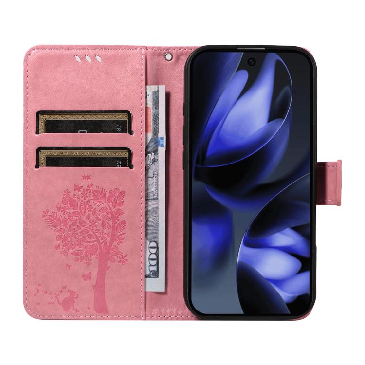For Google Pixel 10 5G / 10 Pro 5G Global Tree & Cat Embossed Pattern Flip Leather Phone Case(Pink) - Google Cases by buy2fix | Online Shopping UK | buy2fix