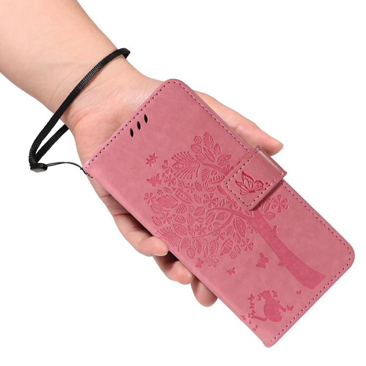 For Google Pixel 10 5G / 10 Pro 5G Global Tree & Cat Embossed Pattern Flip Leather Phone Case(Pink) - Google Cases by buy2fix | Online Shopping UK | buy2fix