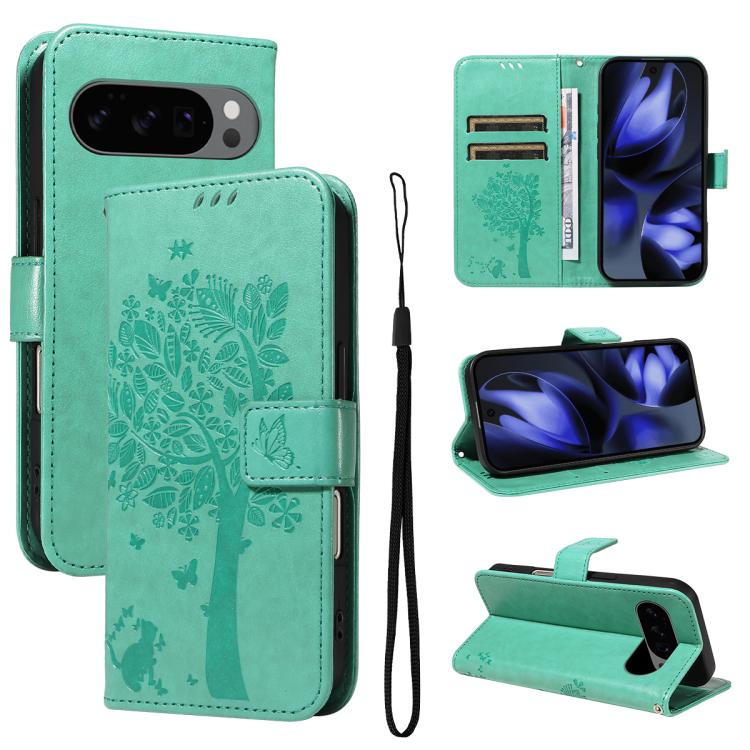 For Google Pixel 10 5G / 10 Pro 5G Global Tree & Cat Embossed Pattern Flip Leather Phone Case(Green) - Google Cases by buy2fix | Online Shopping UK | buy2fix