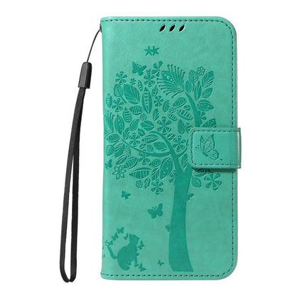For Google Pixel 10 5G / 10 Pro 5G Global Tree & Cat Embossed Pattern Flip Leather Phone Case(Green) - Google Cases by buy2fix | Online Shopping UK | buy2fix