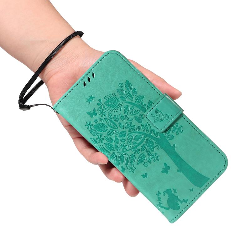For Google Pixel 10 5G / 10 Pro 5G Global Tree & Cat Embossed Pattern Flip Leather Phone Case(Green) - Google Cases by buy2fix | Online Shopping UK | buy2fix