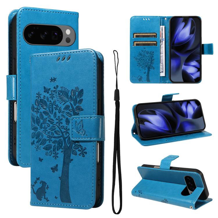 For Google Pixel 10 5G / 10 Pro 5G Global Tree & Cat Embossed Pattern Flip Leather Phone Case(Blue) - Google Cases by buy2fix | Online Shopping UK | buy2fix