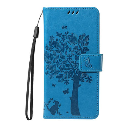 For Google Pixel 10 5G / 10 Pro 5G Global Tree & Cat Embossed Pattern Flip Leather Phone Case(Blue) - Google Cases by buy2fix | Online Shopping UK | buy2fix