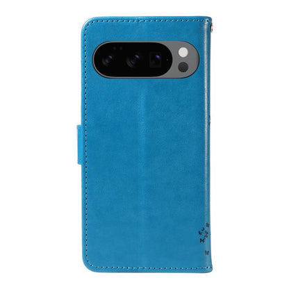 For Google Pixel 10 5G / 10 Pro 5G Global Tree & Cat Embossed Pattern Flip Leather Phone Case(Blue) - Google Cases by buy2fix | Online Shopping UK | buy2fix