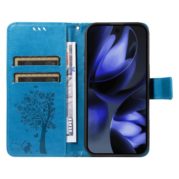 For Google Pixel 10 5G / 10 Pro 5G Global Tree & Cat Embossed Pattern Flip Leather Phone Case(Blue) - Google Cases by buy2fix | Online Shopping UK | buy2fix