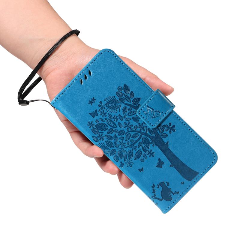 For Google Pixel 10 5G / 10 Pro 5G Global Tree & Cat Embossed Pattern Flip Leather Phone Case(Blue) - Google Cases by buy2fix | Online Shopping UK | buy2fix