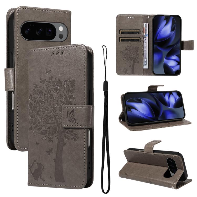 For Google Pixel 10 5G / 10 Pro 5G Global Tree & Cat Embossed Pattern Flip Leather Phone Case(Grey) - Google Cases by buy2fix | Online Shopping UK | buy2fix