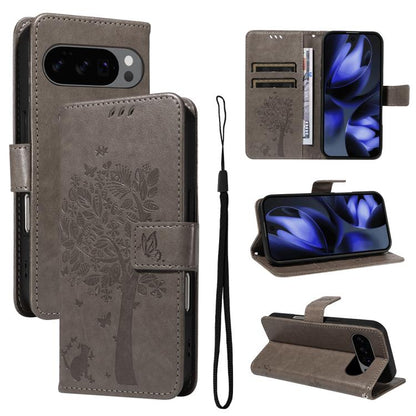 For Google Pixel 10 5G / 10 Pro 5G Global Tree & Cat Embossed Pattern Flip Leather Phone Case(Grey) - Google Cases by buy2fix | Online Shopping UK | buy2fix