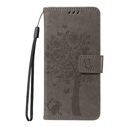 For Google Pixel 10 5G / 10 Pro 5G Global Tree & Cat Embossed Pattern Flip Leather Phone Case(Grey) - Google Cases by buy2fix | Online Shopping UK | buy2fix
