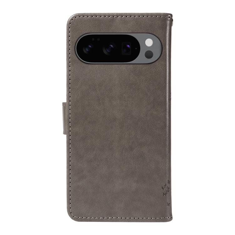 For Google Pixel 10 5G / 10 Pro 5G Global Tree & Cat Embossed Pattern Flip Leather Phone Case(Grey) - Google Cases by buy2fix | Online Shopping UK | buy2fix