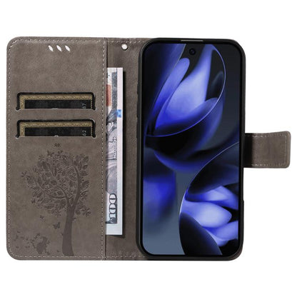 For Google Pixel 10 5G / 10 Pro 5G Global Tree & Cat Embossed Pattern Flip Leather Phone Case(Grey) - Google Cases by buy2fix | Online Shopping UK | buy2fix