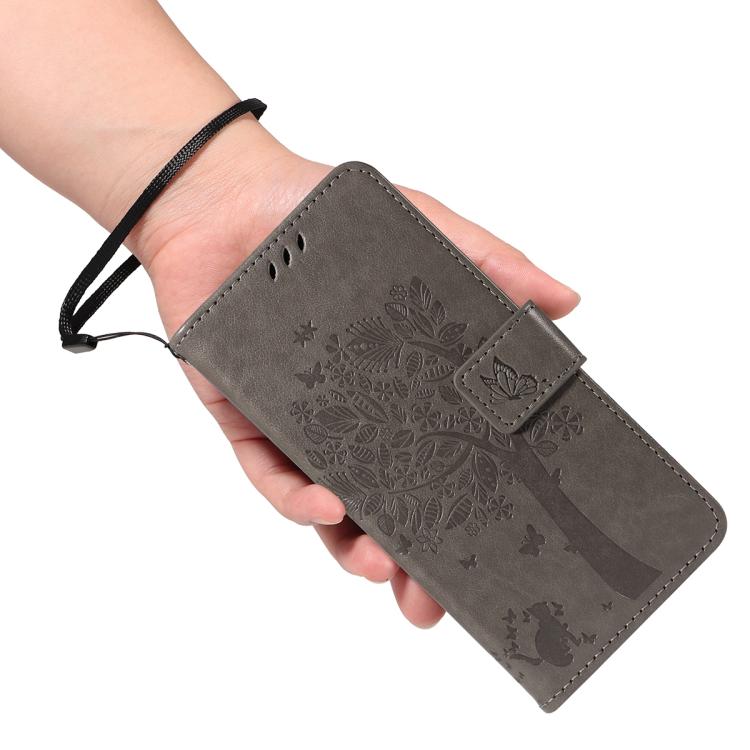For Google Pixel 10 5G / 10 Pro 5G Global Tree & Cat Embossed Pattern Flip Leather Phone Case(Grey) - Google Cases by buy2fix | Online Shopping UK | buy2fix