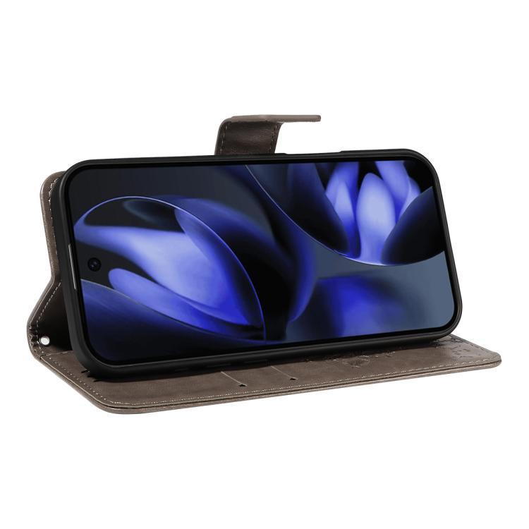 For Google Pixel 10 5G / 10 Pro 5G Global Tree & Cat Embossed Pattern Flip Leather Phone Case(Grey) - Google Cases by buy2fix | Online Shopping UK | buy2fix