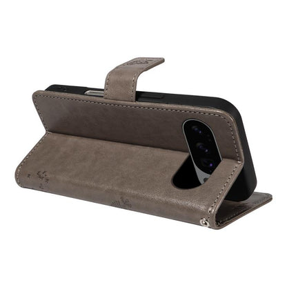 For Google Pixel 10 5G / 10 Pro 5G Global Tree & Cat Embossed Pattern Flip Leather Phone Case(Grey) - Google Cases by buy2fix | Online Shopping UK | buy2fix