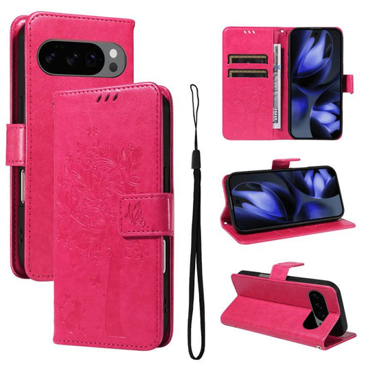 For Google Pixel 10 5G / 10 Pro 5G Global Tree & Cat Embossed Pattern Flip Leather Phone Case(Rose Red) - Google Cases by buy2fix | Online Shopping UK | buy2fix